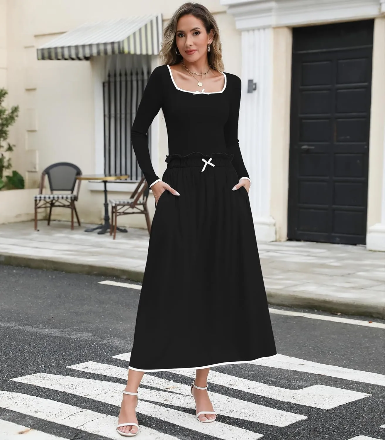 Womens Two Piece Skirt Set 2024 Trendy Fall Outfits Sets Ribbed Knit Long Sleeve Slim Top Midi Skirts with Pockets