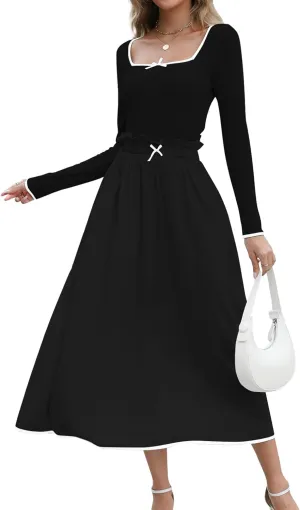 Womens Two Piece Skirt Set 2024 Trendy Fall Outfits Sets Ribbed Knit Long Sleeve Slim Top Midi Skirts with Pockets