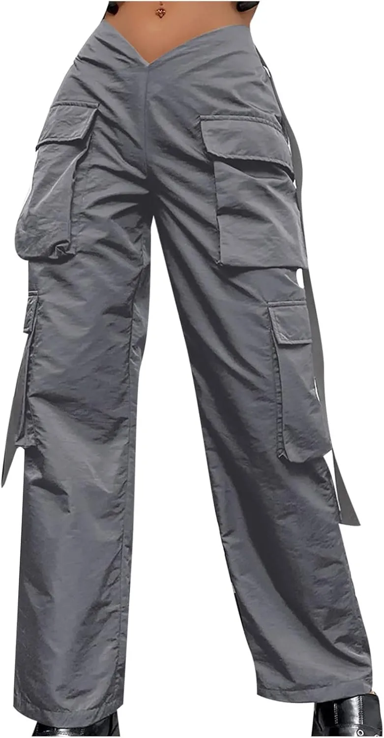 Women's V-Neck Cargo Pants Baggy Stretchy Wide Leg Streetwear with 6 Pockets High Waist Trousers Workout Sweatpants