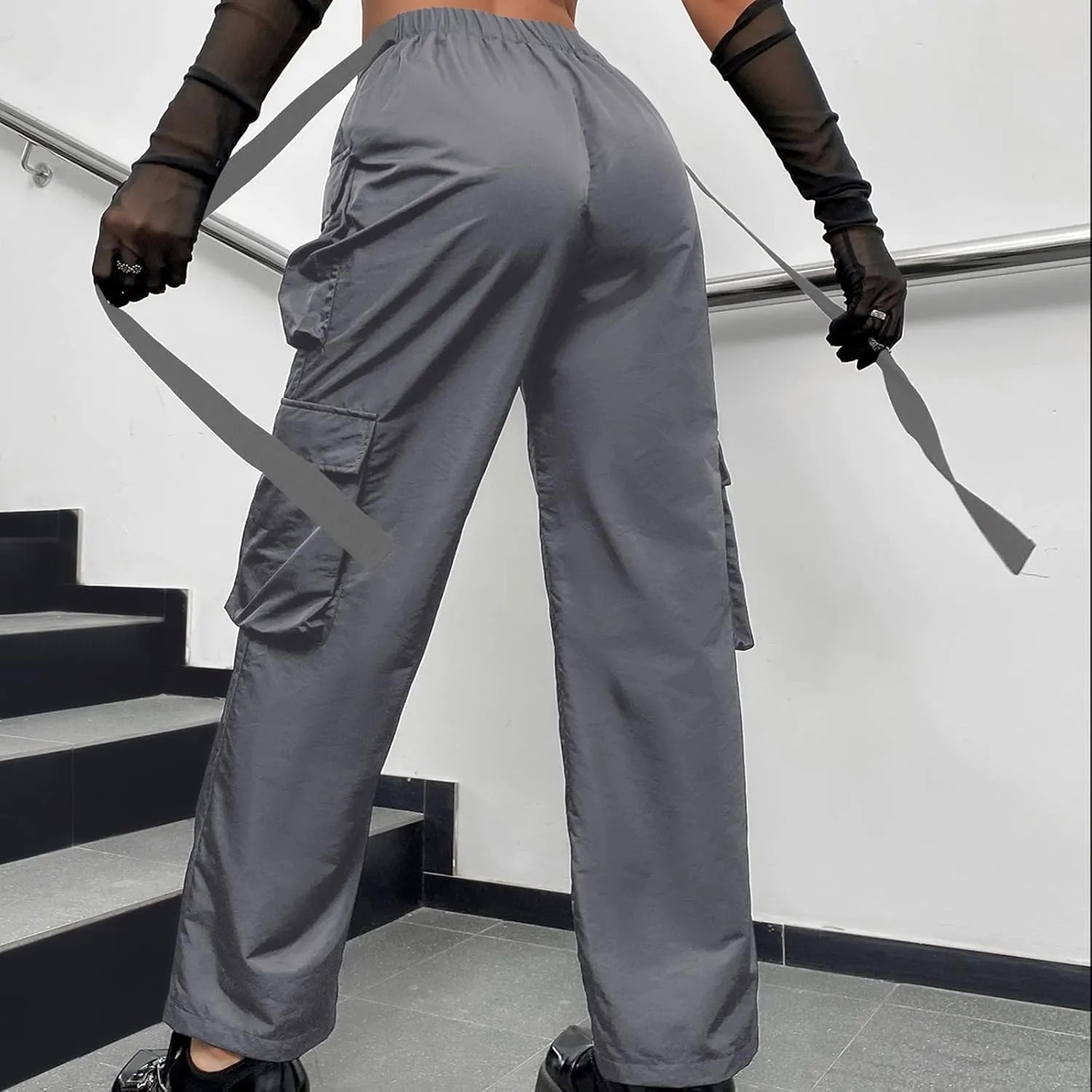 Women's V-Neck Cargo Pants Baggy Stretchy Wide Leg Streetwear with 6 Pockets High Waist Trousers Workout Sweatpants