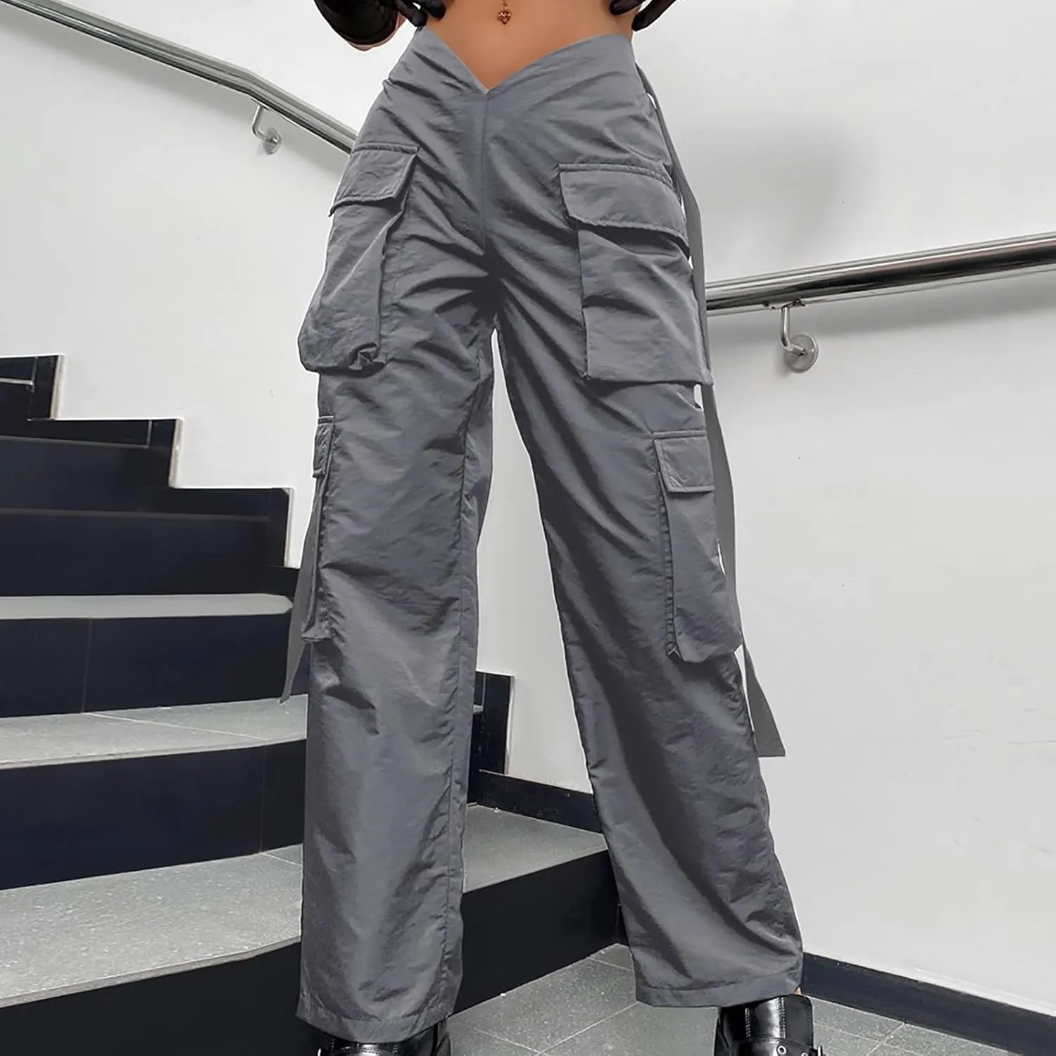 Women's V-Neck Cargo Pants Baggy Stretchy Wide Leg Streetwear with 6 Pockets High Waist Trousers Workout Sweatpants