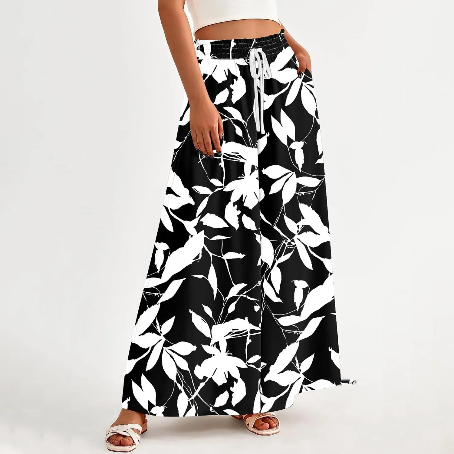Womens Wide Leg Boho Pants Floral Solid Flowy Pants Lounge Beach with Pocket Resort Wear for Women 2025 Trendy