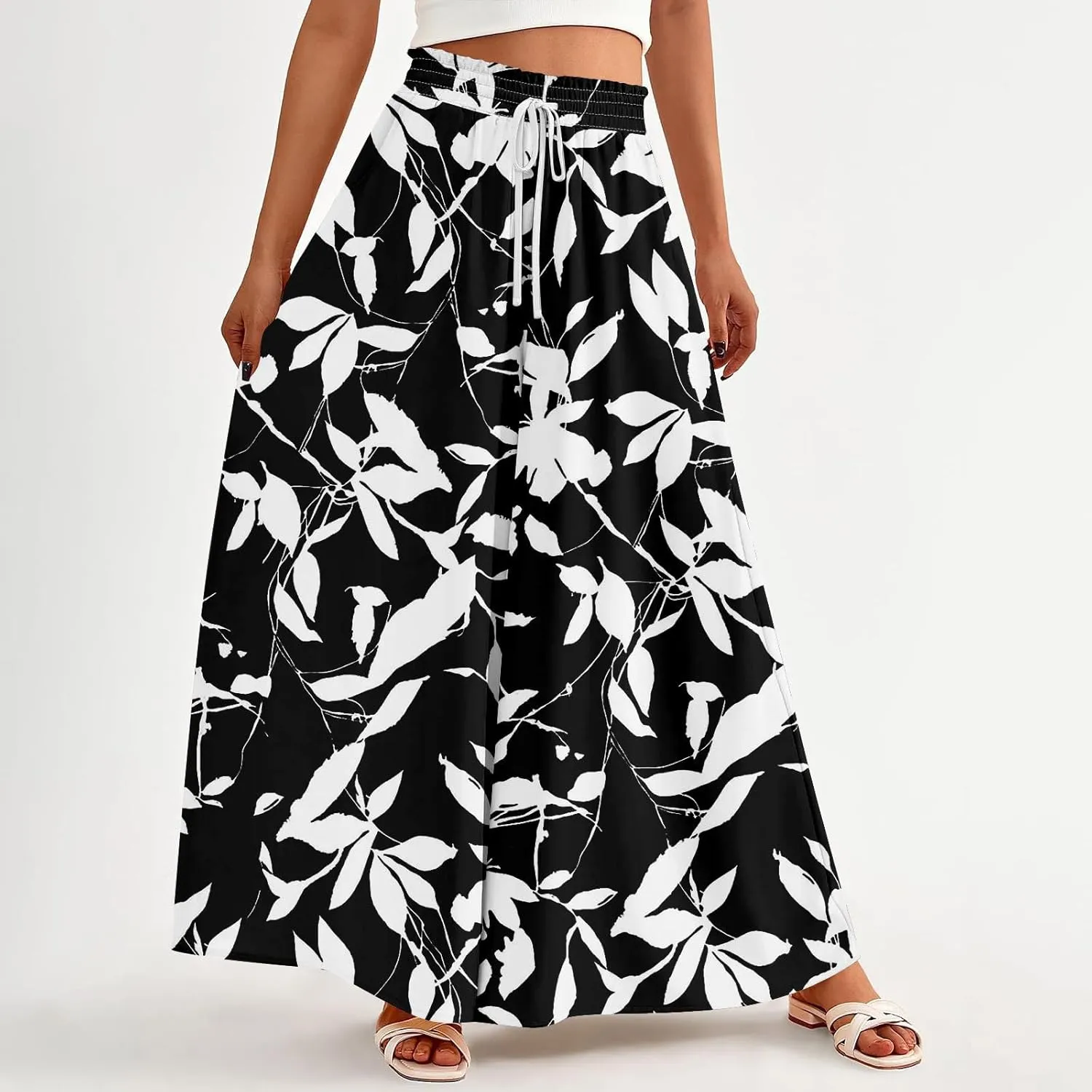 Womens Wide Leg Boho Pants Floral Solid Flowy Pants Lounge Beach with Pocket Resort Wear for Women 2025 Trendy
