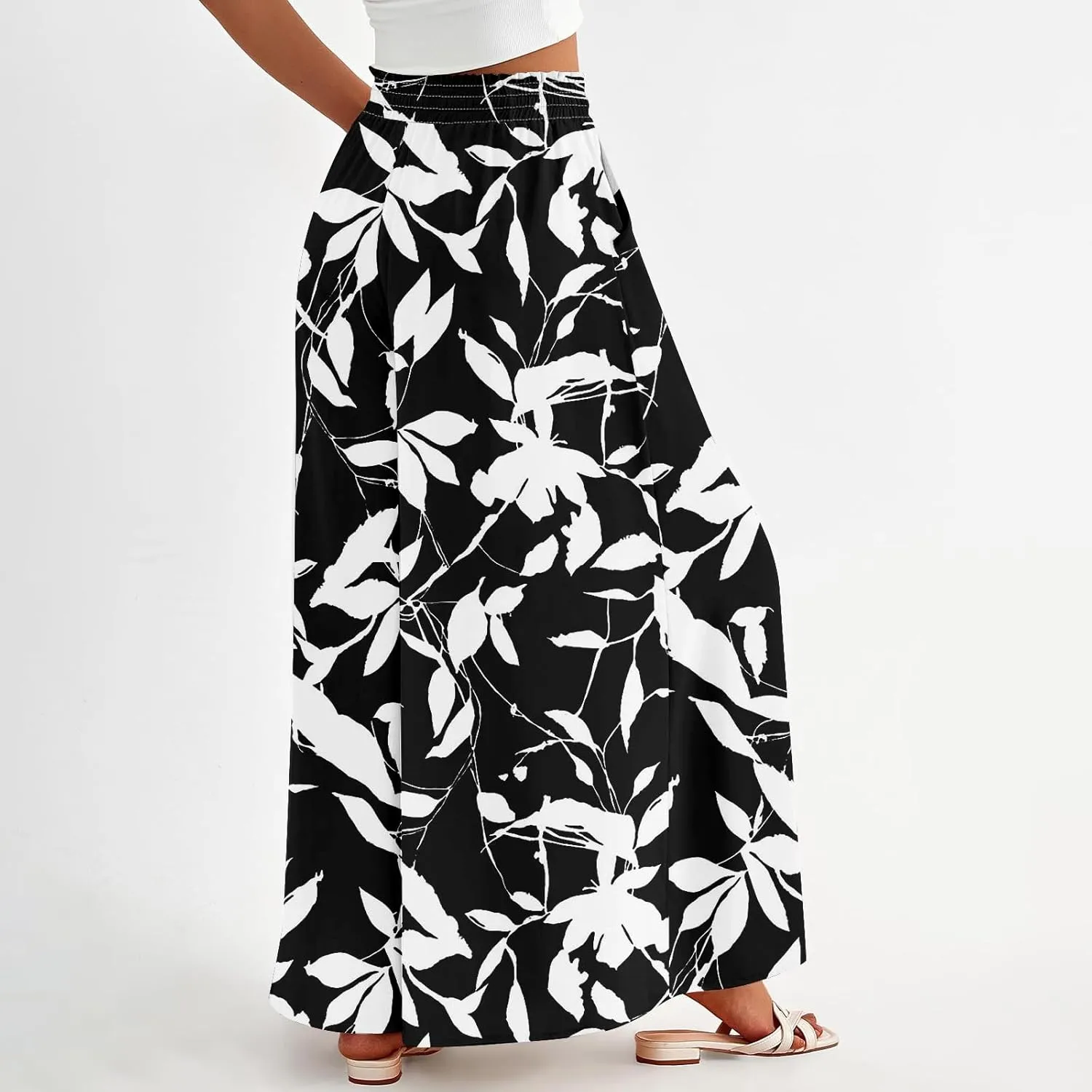 Womens Wide Leg Boho Pants Floral Solid Flowy Pants Lounge Beach with Pocket Resort Wear for Women 2025 Trendy