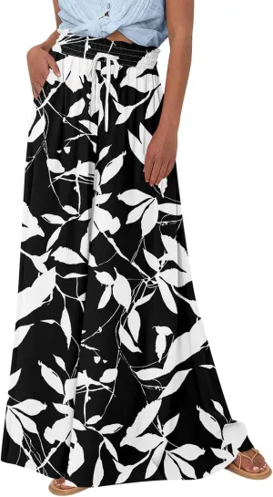 Womens Wide Leg Boho Pants Floral Solid Flowy Pants Lounge Beach with Pocket Resort Wear for Women 2025 Trendy