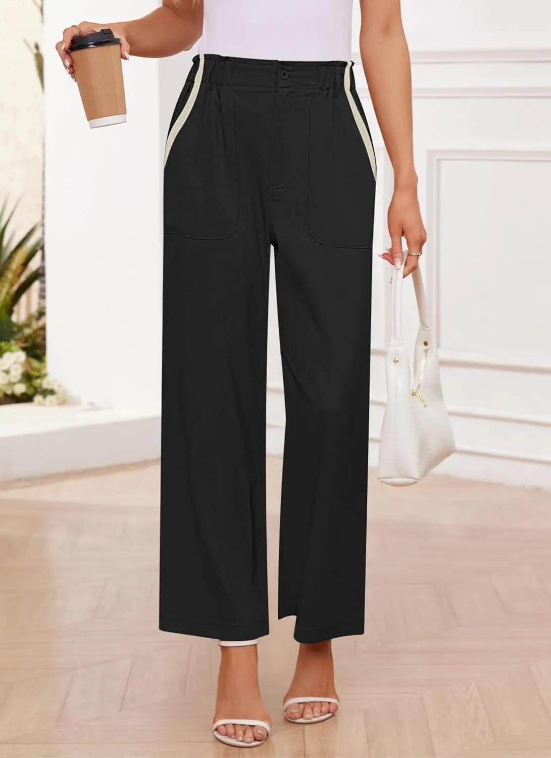 Womens Wide Leg Dress Pants Trousers High Waisted Buttoned Tailored Dressy Pants Casual Palazzo Straight Leg Pants