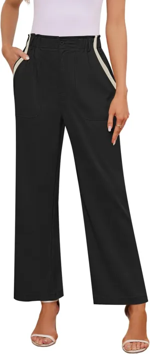 Womens Wide Leg Dress Pants Trousers High Waisted Buttoned Tailored Dressy Pants Casual Palazzo Straight Leg Pants