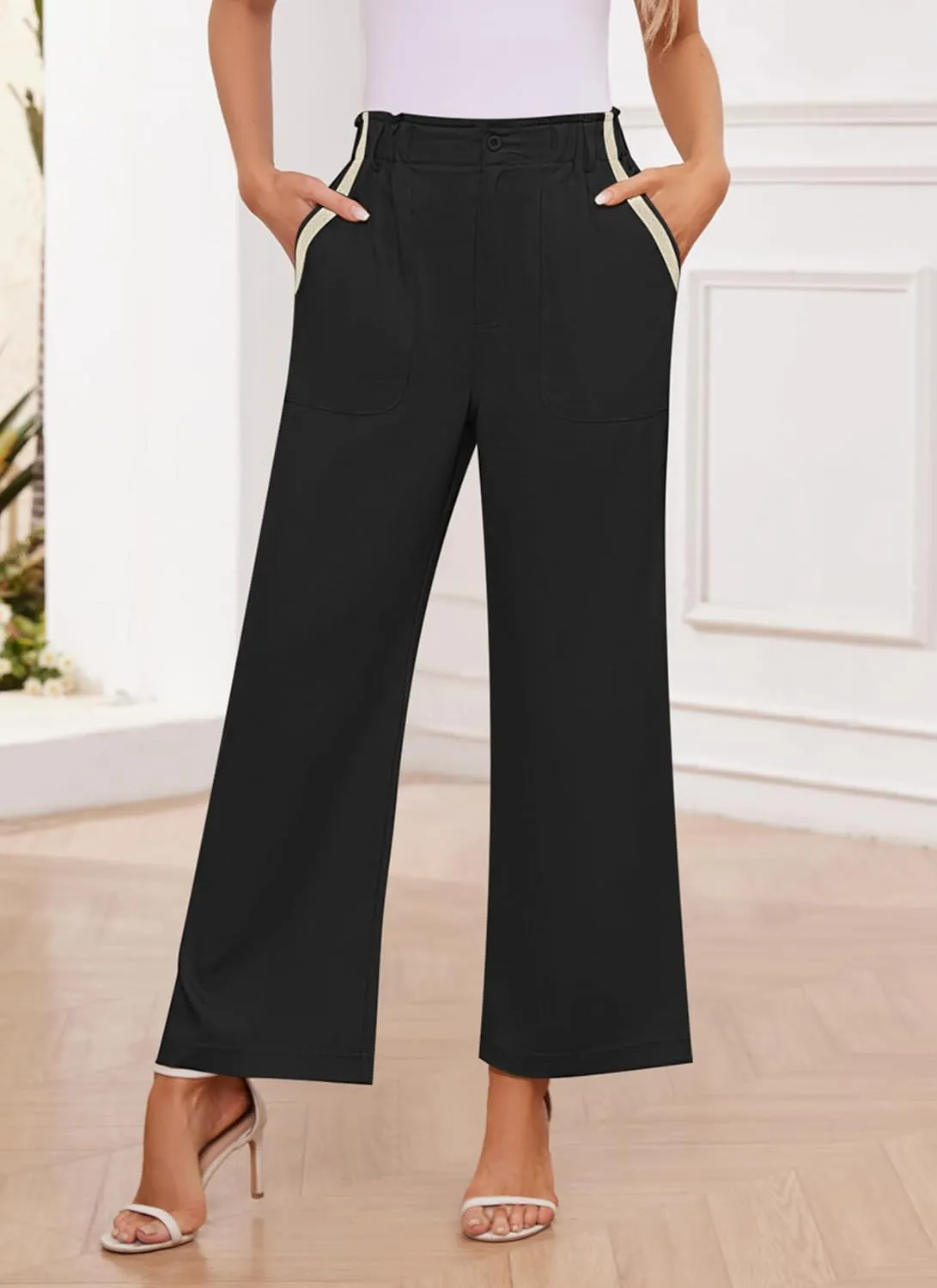 Womens Wide Leg Dress Pants Trousers High Waisted Buttoned Tailored Dressy Pants Casual Palazzo Straight Leg Pants