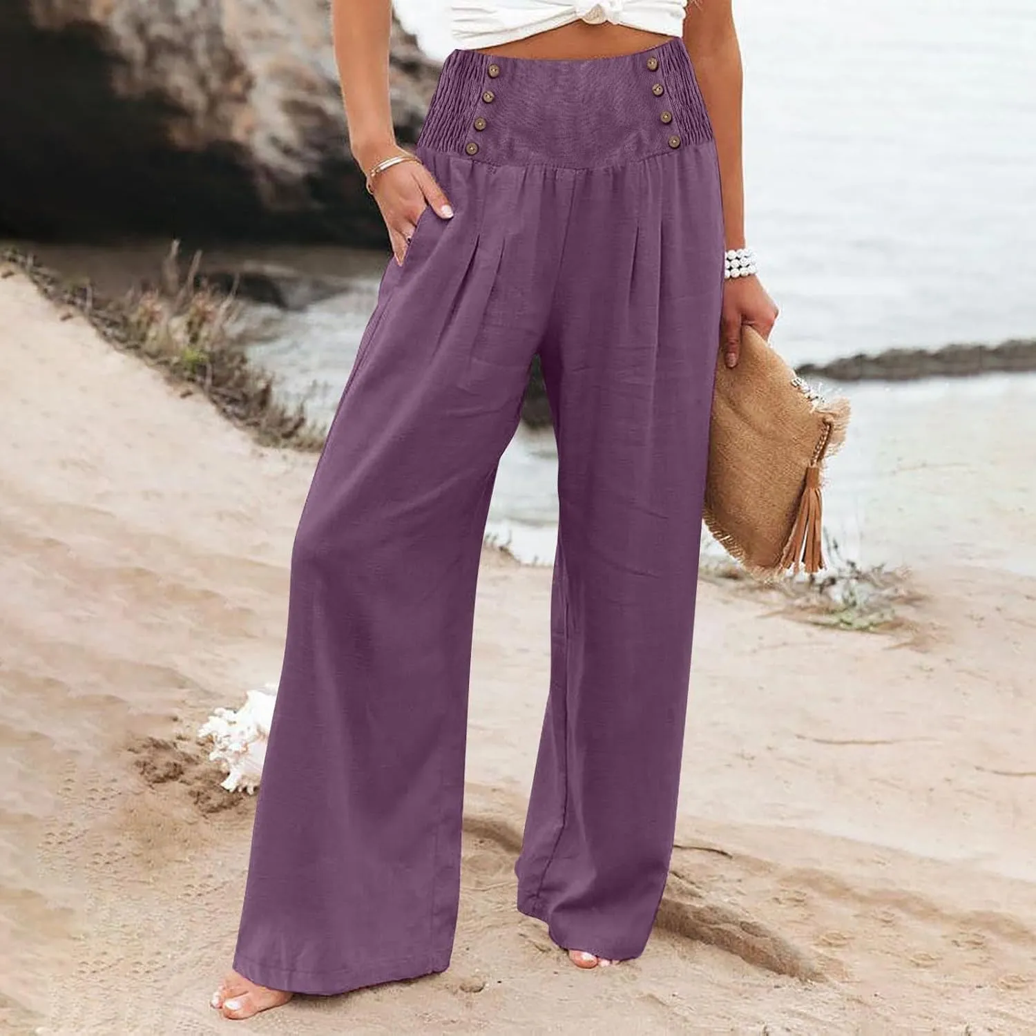 Womens Wide Leg Linen Pants High Waist Summer Casual Baggy Lounge Slacks Lightweight Beach Boho Trousers with Pockets