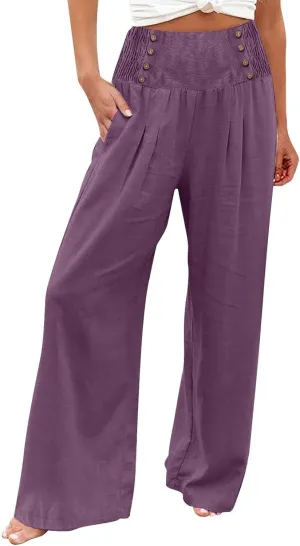 Womens Wide Leg Linen Pants High Waist Summer Casual Baggy Lounge Slacks Lightweight Beach Boho Trousers with Pockets