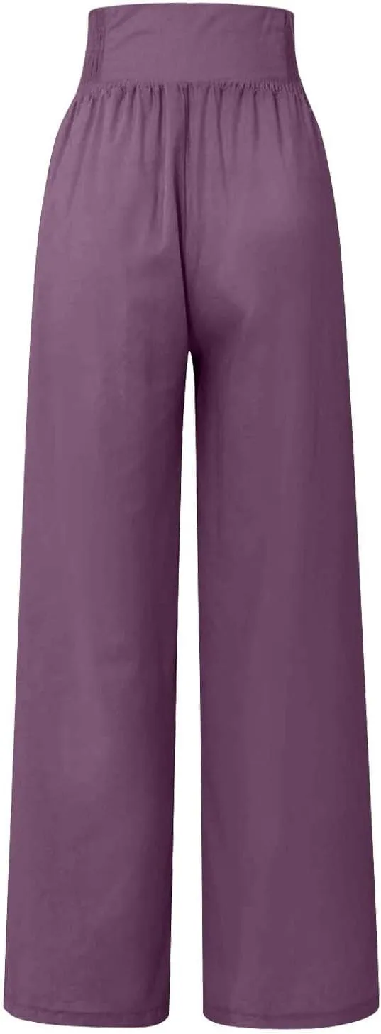 Womens Wide Leg Linen Pants High Waist Summer Casual Baggy Lounge Slacks Lightweight Beach Boho Trousers with Pockets
