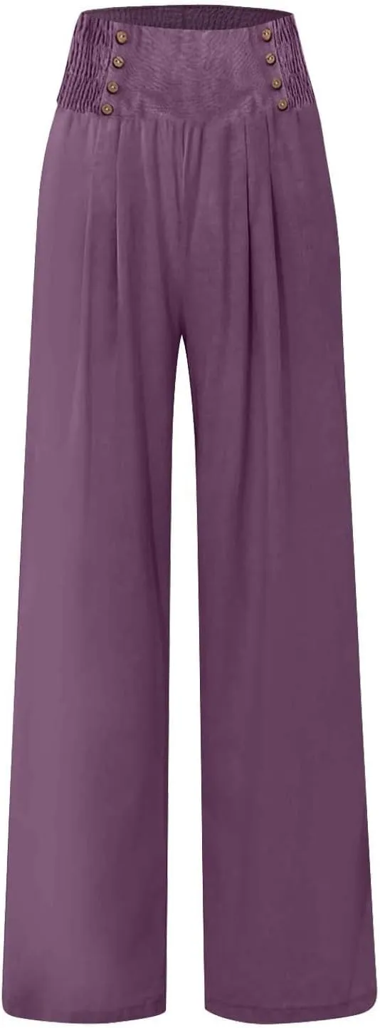 Womens Wide Leg Linen Pants High Waist Summer Casual Baggy Lounge Slacks Lightweight Beach Boho Trousers with Pockets