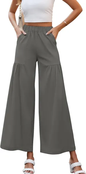 Womens Wide Leg Slacks Pants High Elastic Waist Casual Work Business Lounge with Side Pockets Pleated Trousers