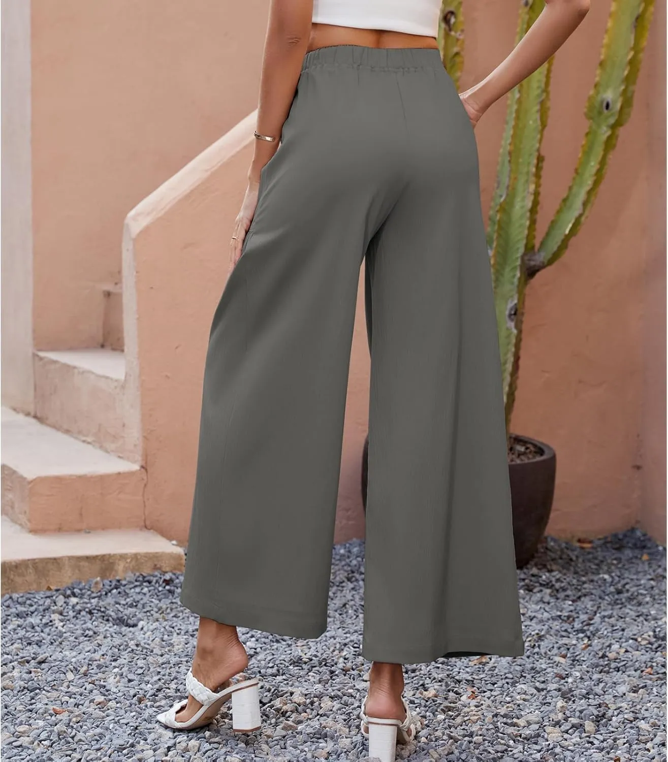 Womens Wide Leg Slacks Pants High Elastic Waist Casual Work Business Lounge with Side Pockets Pleated Trousers