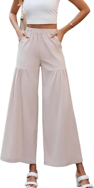 Womens Wide Leg Slacks Pants High Elastic Waist Casual Work Business Lounge with Side Pockets Pleated Trousers
