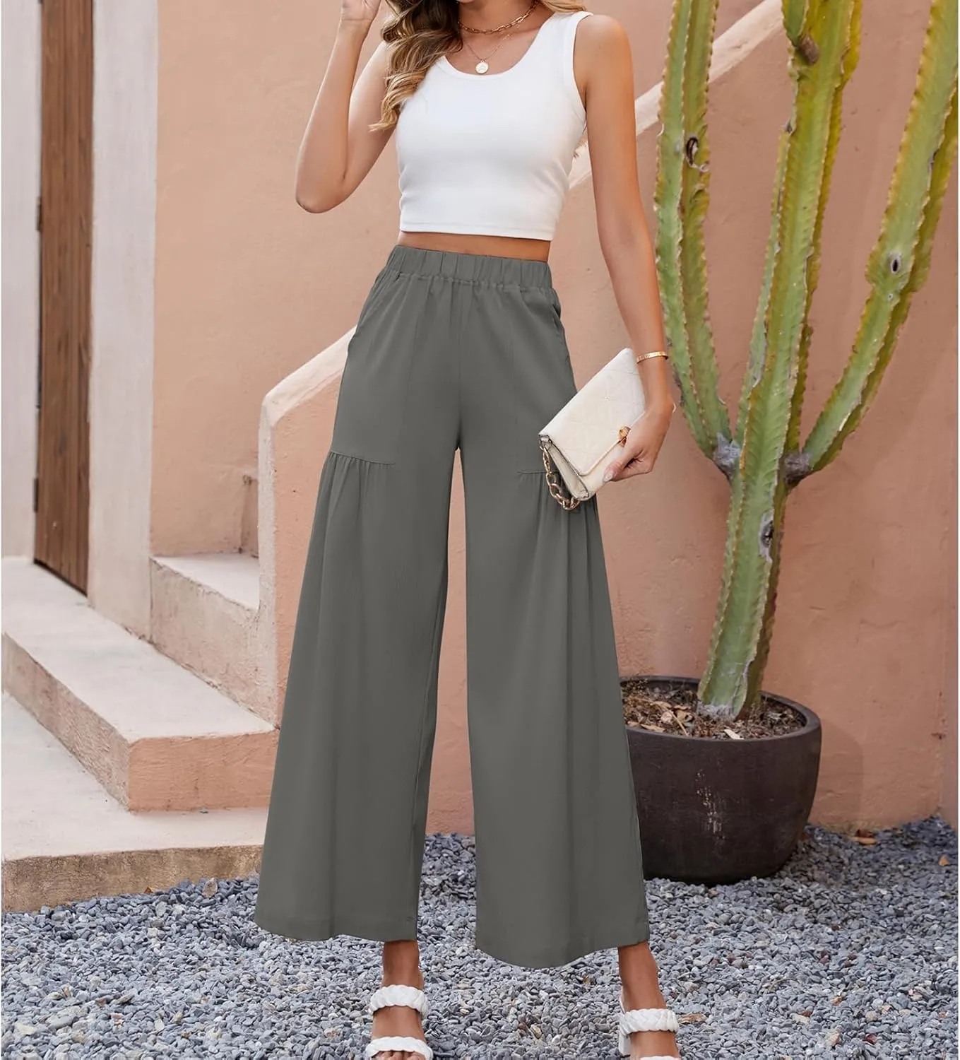 Womens Wide Leg Slacks Pants High Elastic Waist Casual Work Business Lounge with Side Pockets Pleated Trousers