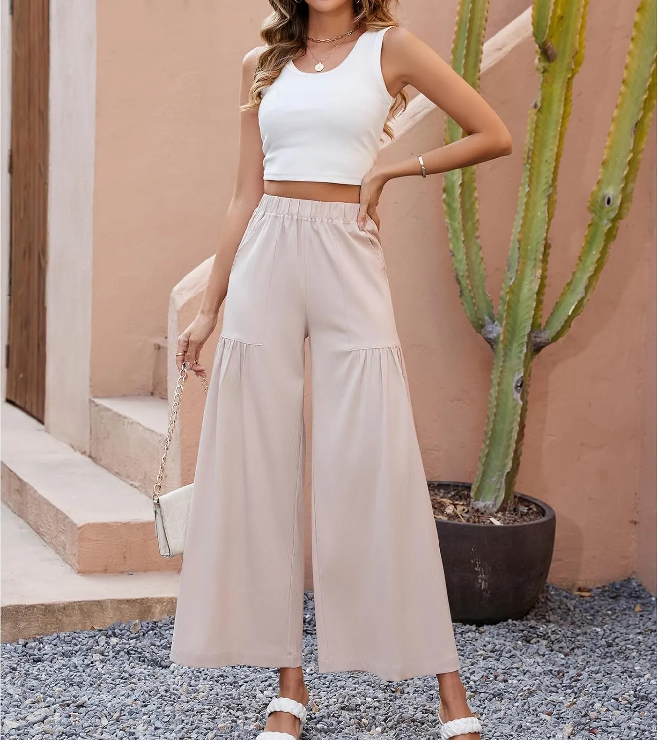 Womens Wide Leg Slacks Pants High Elastic Waist Casual Work Business Lounge with Side Pockets Pleated Trousers