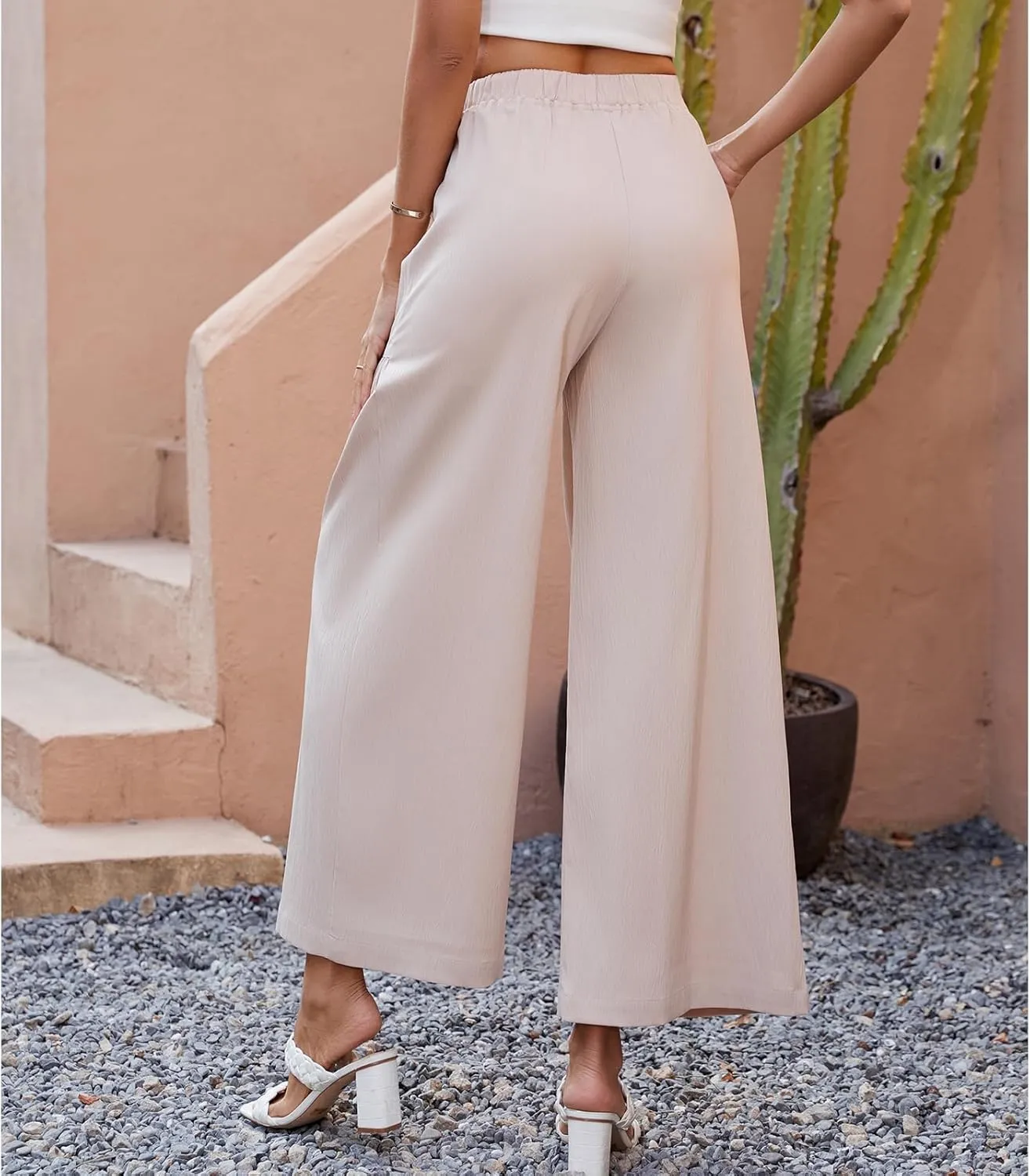 Womens Wide Leg Slacks Pants High Elastic Waist Casual Work Business Lounge with Side Pockets Pleated Trousers
