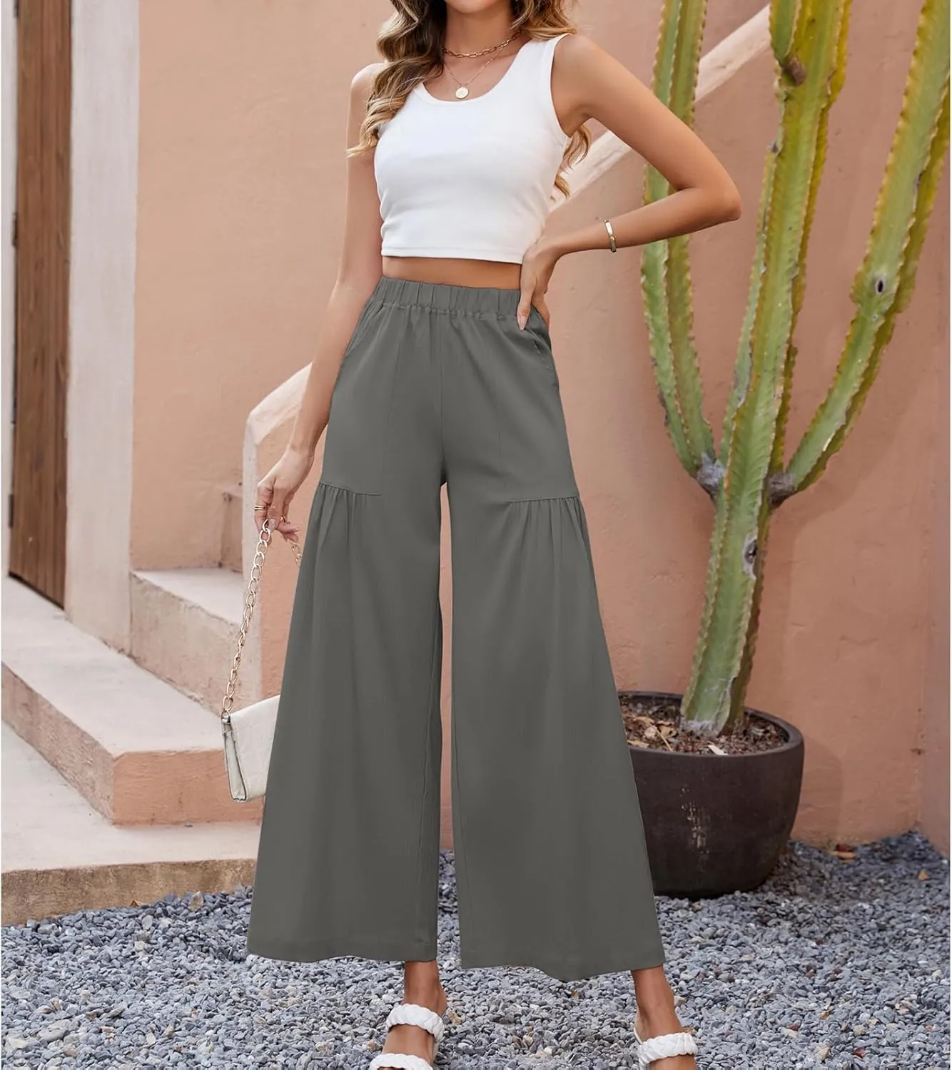 Womens Wide Leg Slacks Pants High Elastic Waist Casual Work Business Lounge with Side Pockets Pleated Trousers