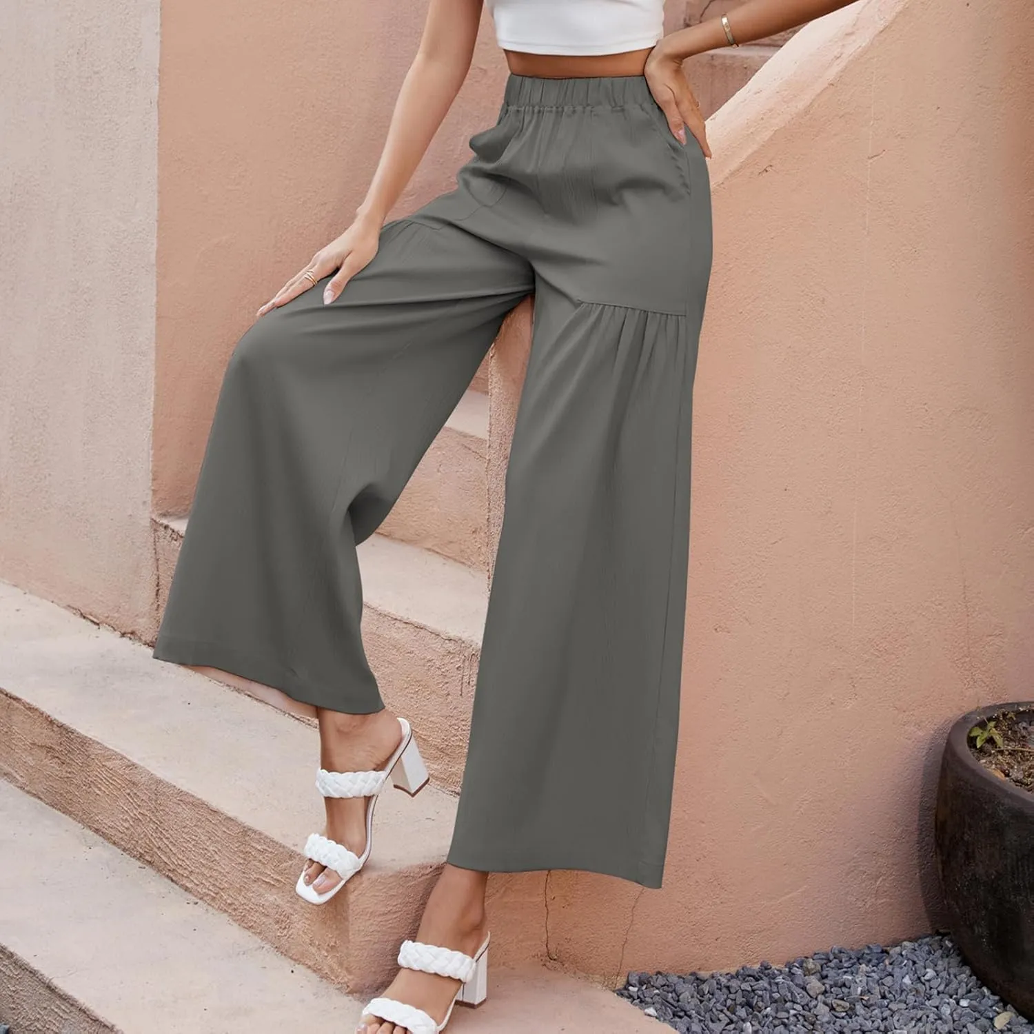 Womens Wide Leg Slacks Pants High Elastic Waist Casual Work Business Lounge with Side Pockets Pleated Trousers