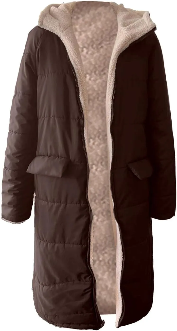 Womens Winter Coat Jacket Fleece Lined Long Sleeve Outwear Full Zipper Solid Coat Winter Warm Down Jacket with