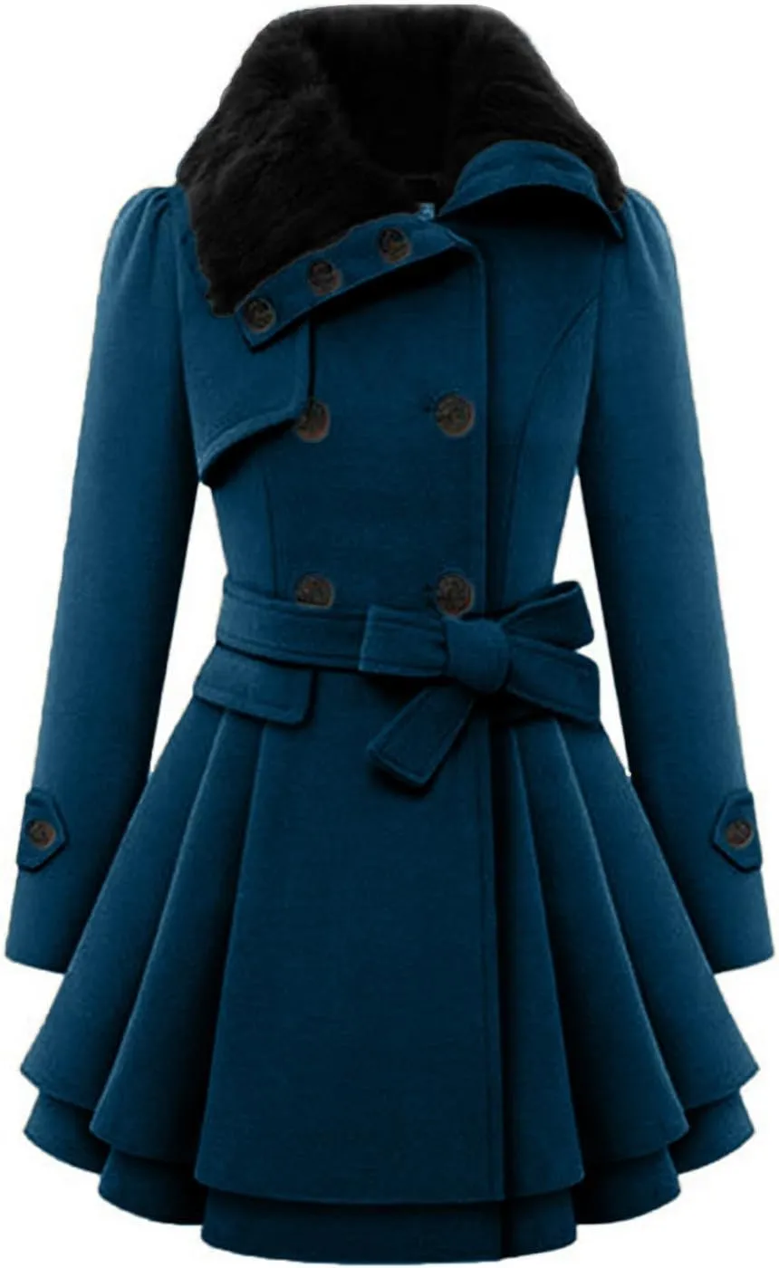 Womens Winter Coats Basic Collar Open Front Belted Wool Coat Casual Fashion Trench Coat Elegant Peacoat with Hood
