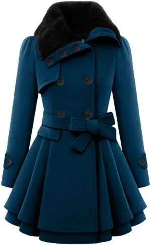 Womens Winter Coats Basic Collar Open Front Belted Wool Coat Casual Fashion Trench Coat Elegant Peacoat with Hood