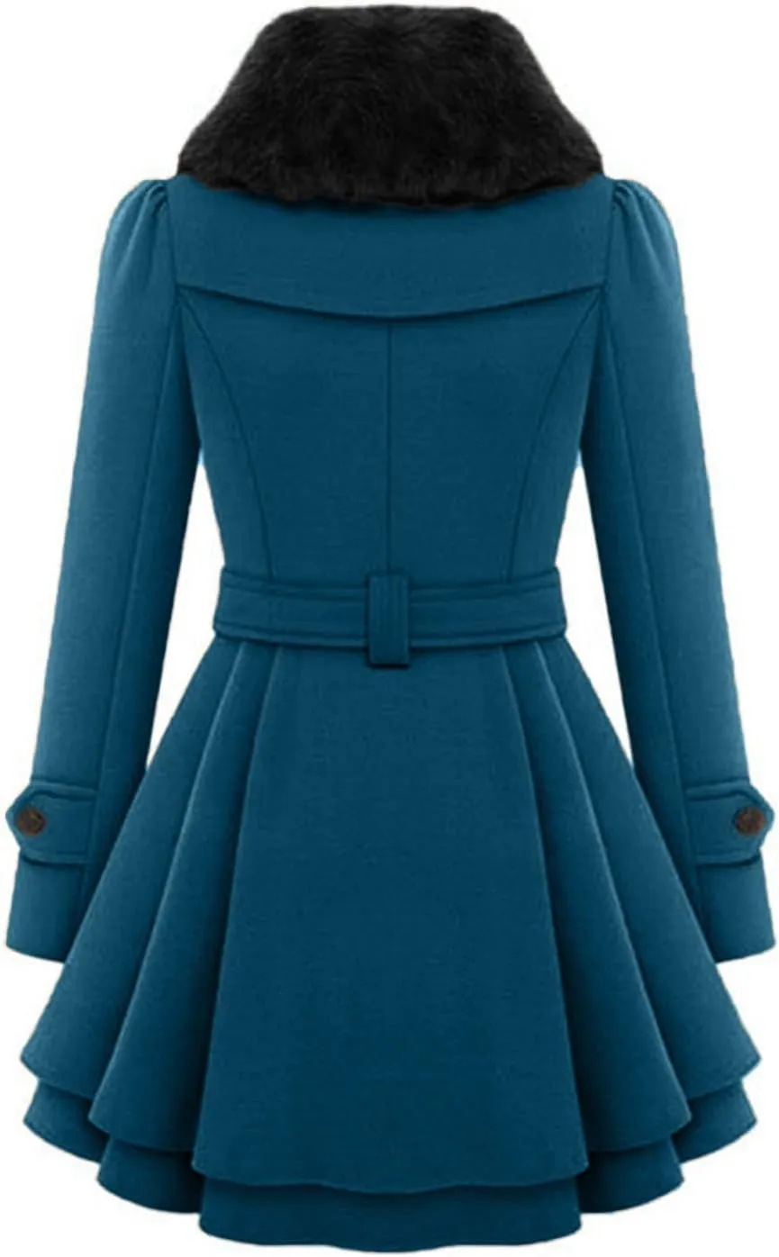 Womens Winter Coats Basic Collar Open Front Belted Wool Coat Casual Fashion Trench Coat Elegant Peacoat with Hood