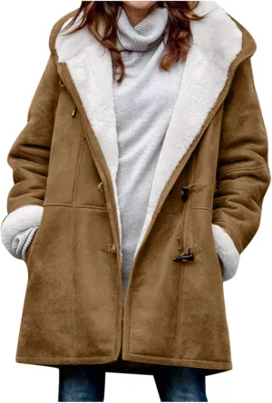 Women's Winter Down Jacket Warm Plush Hoodies Horn Button Coat Plus Size Wool Jacket Velvet Outerwear