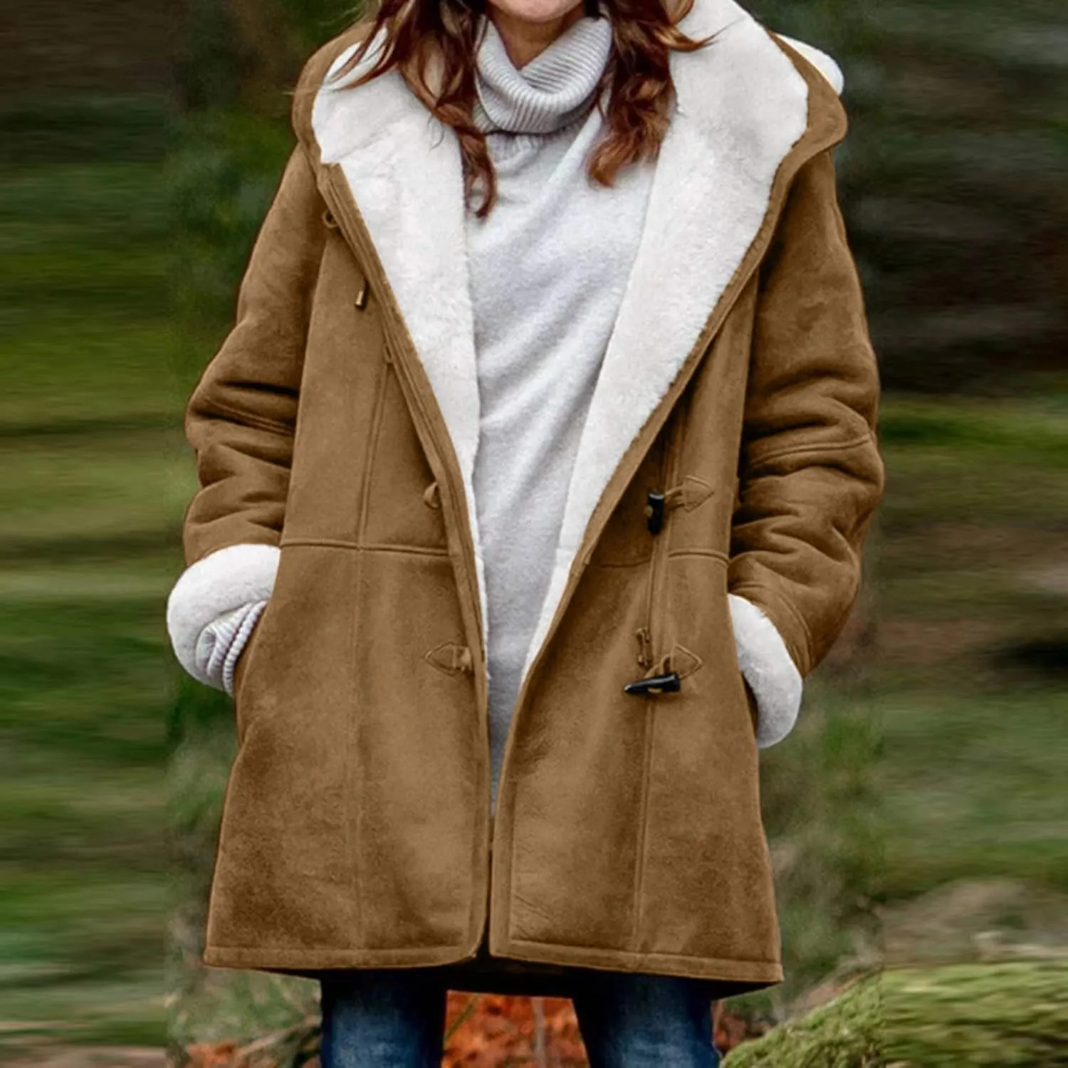 Women's Winter Down Jacket Warm Plush Hoodies Horn Button Coat Plus Size Wool Jacket Velvet Outerwear