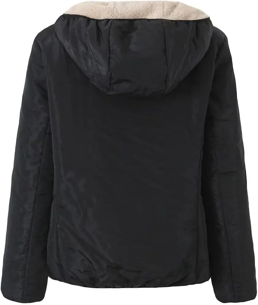 Women's Winter Hooded Plush Coat Warm Lamb Shacket Fleece Lined Jackets Padded Cotton Zip Up Heavyweight Coats