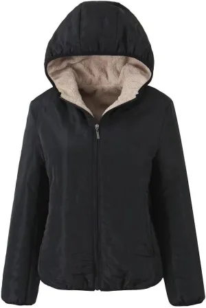 Women's Winter Hooded Plush Coat Warm Lamb Shacket Fleece Lined Jackets Padded Cotton Zip Up Heavyweight Coats