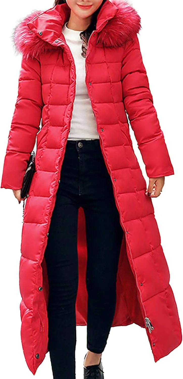 Women's Winter Long Puffer Coat Long Sleeve Maxi Down Parka Jacket with Fur Hood Slim Fit Warm Thicken Outwear