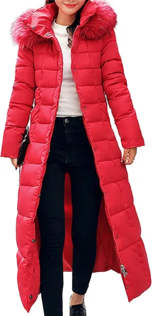 Women's Winter Long Puffer Coat Long Sleeve Maxi Down Parka Jacket with Fur Hood Slim Fit Warm Thicken Outwear