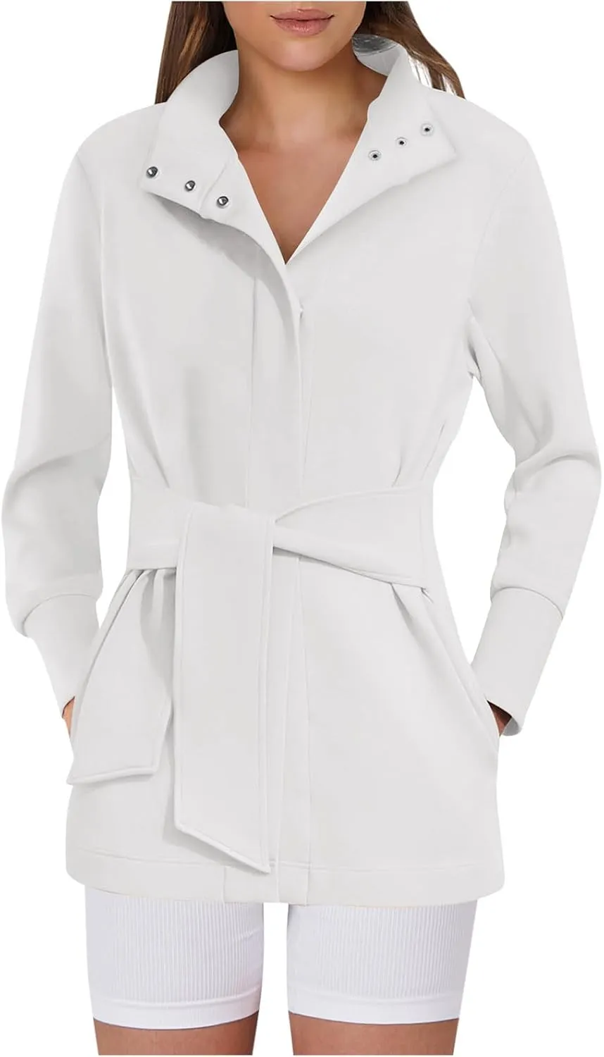 Womens Winter Trench Coat Open Front Wool Blend Pea Coats Casual Notched Lapel Classic Fitted Mid Long Jacket Outwear