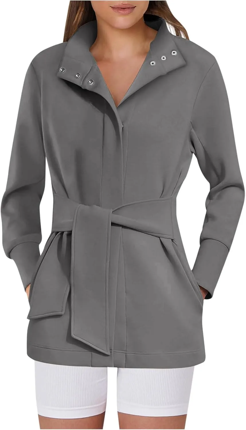 Womens Winter Trench Coat Open Front Wool Blend Pea Coats Casual Notched Lapel Classic Fitted Mid Long Jacket Outwear