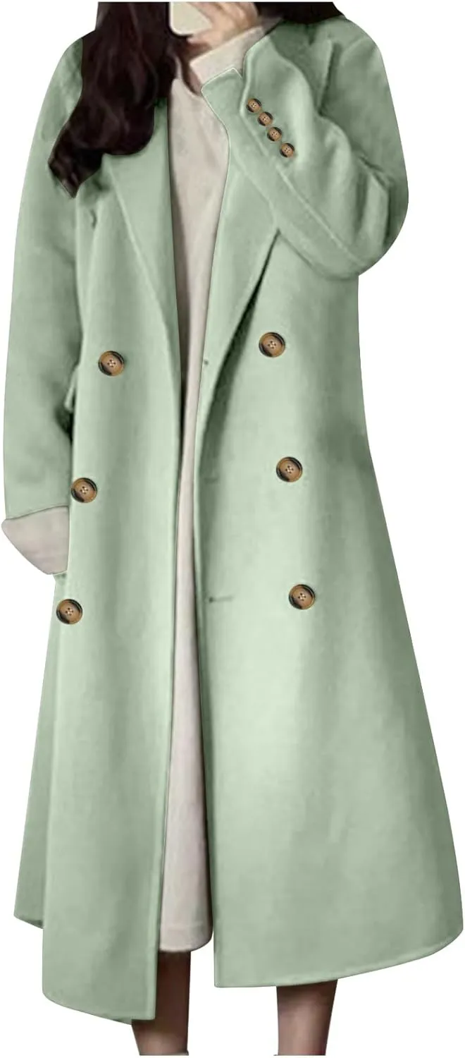 Womens Winter Trench Coats Elegant Wool Blend Pea Coats Lapel Collar Double Breasted Mid-Long Length Overcoat