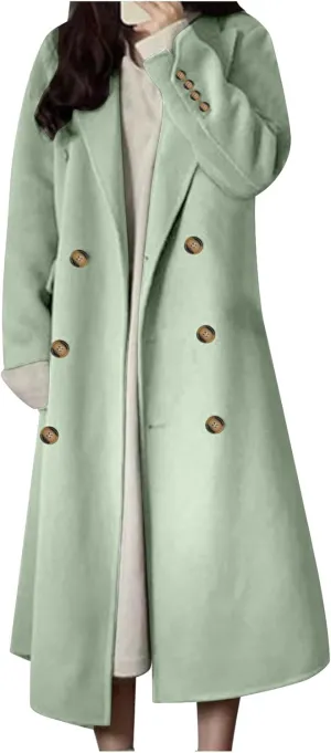 Womens Winter Trench Coats Elegant Wool Blend Pea Coats Lapel Collar Double Breasted Mid-Long Length Overcoat