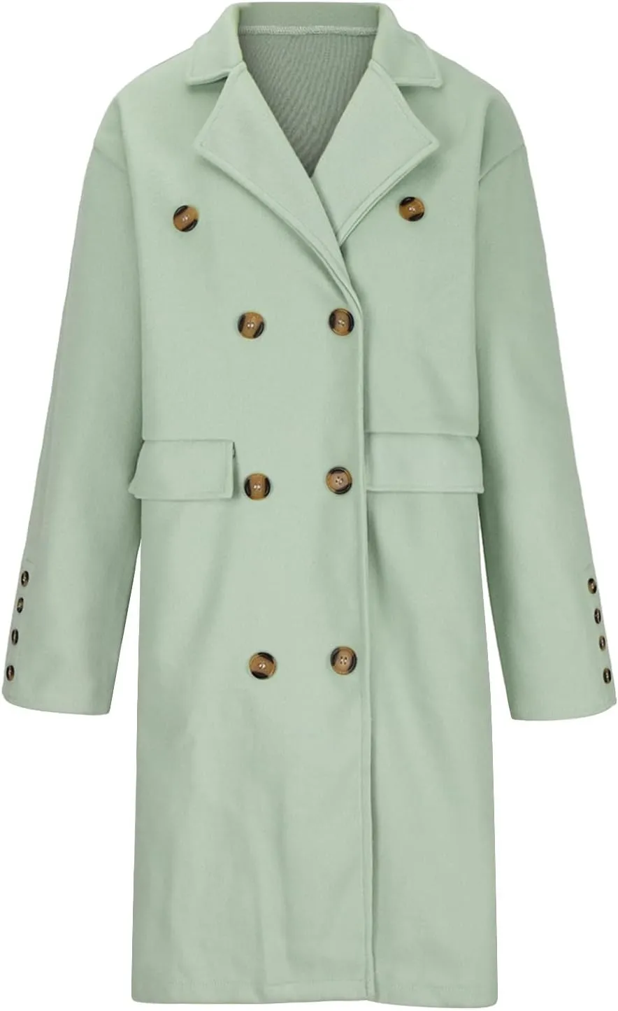 Womens Winter Trench Coats Elegant Wool Blend Pea Coats Lapel Collar Double Breasted Mid-Long Length Overcoat