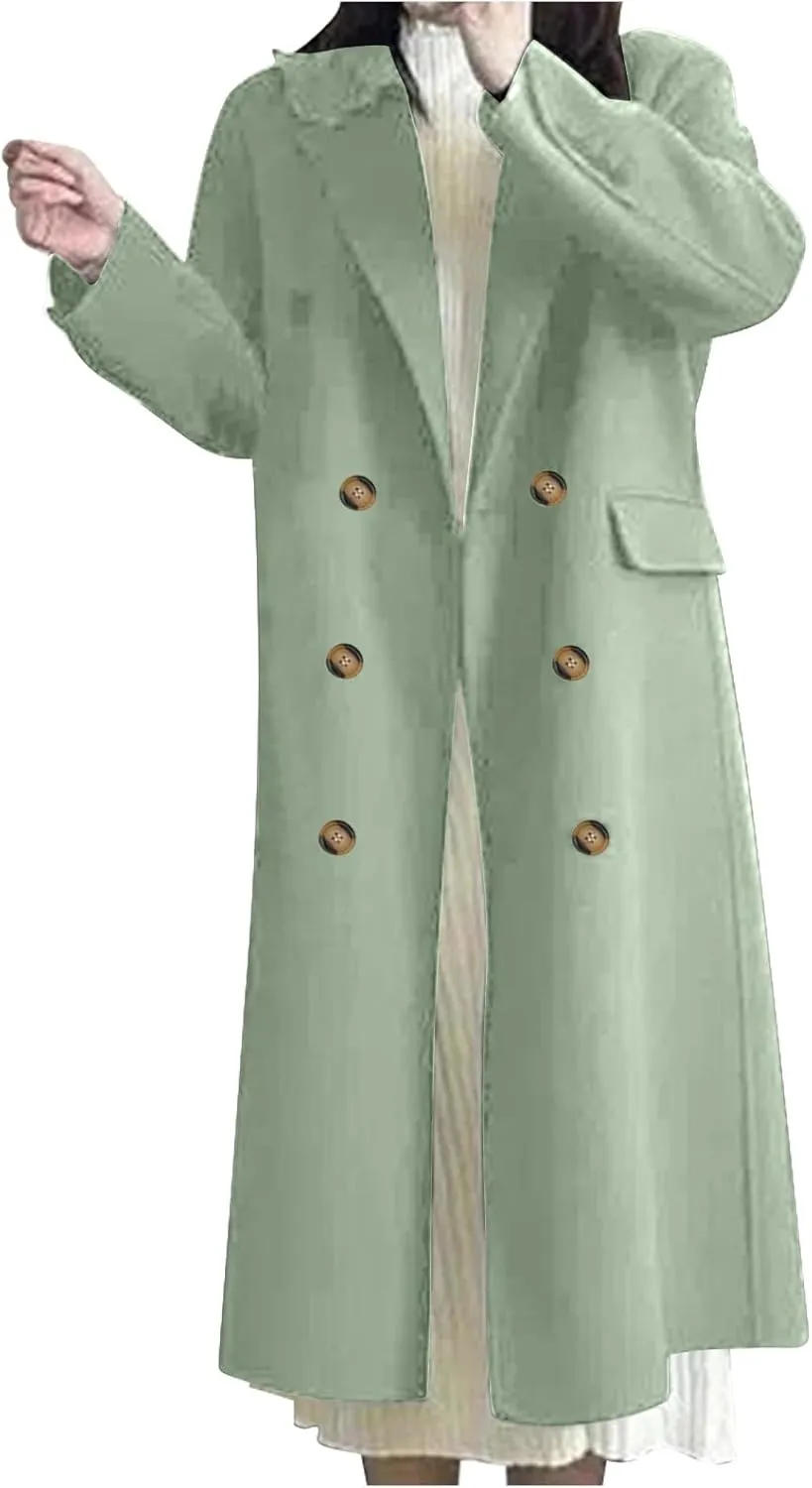 Womens Winter Trench Coats Elegant Wool Blend Pea Coats Lapel Collar Double Breasted Mid-Long Length Overcoat