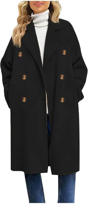 Women's Wool & Pea Coats Open Front Long Jacket Fashion Double Breasted Outwear Casual Winter Trench Coat with Pocket