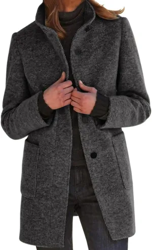 Womens Wool Blend Trench Coat Lightweight Button Down Open Front Pea Coat Cozy Warm Stand Collar Outerwear with Pocket