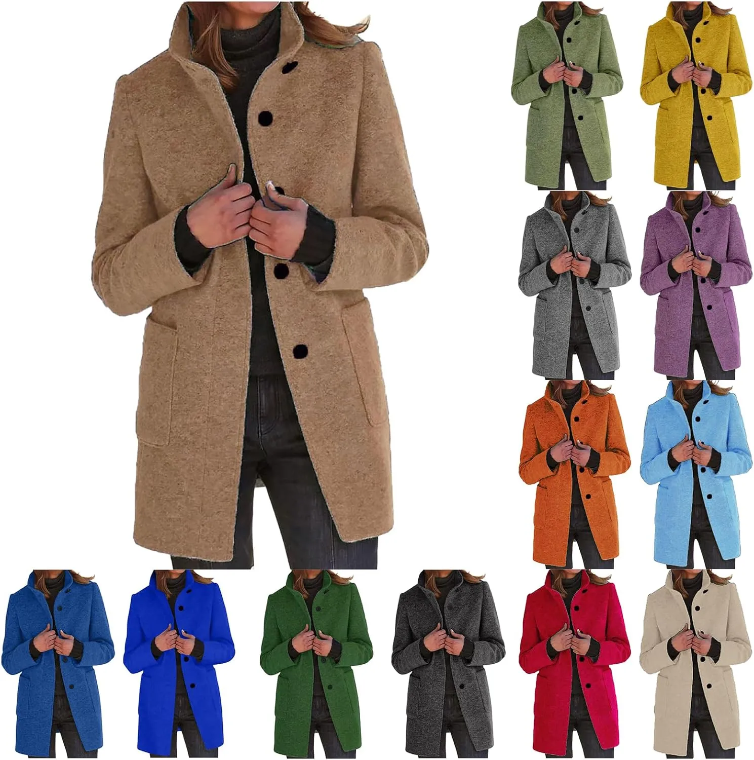 Womens Wool Blend Trench Coat Lightweight Button Down Open Front Pea Coat Cozy Warm Stand Collar Outerwear with Pocket