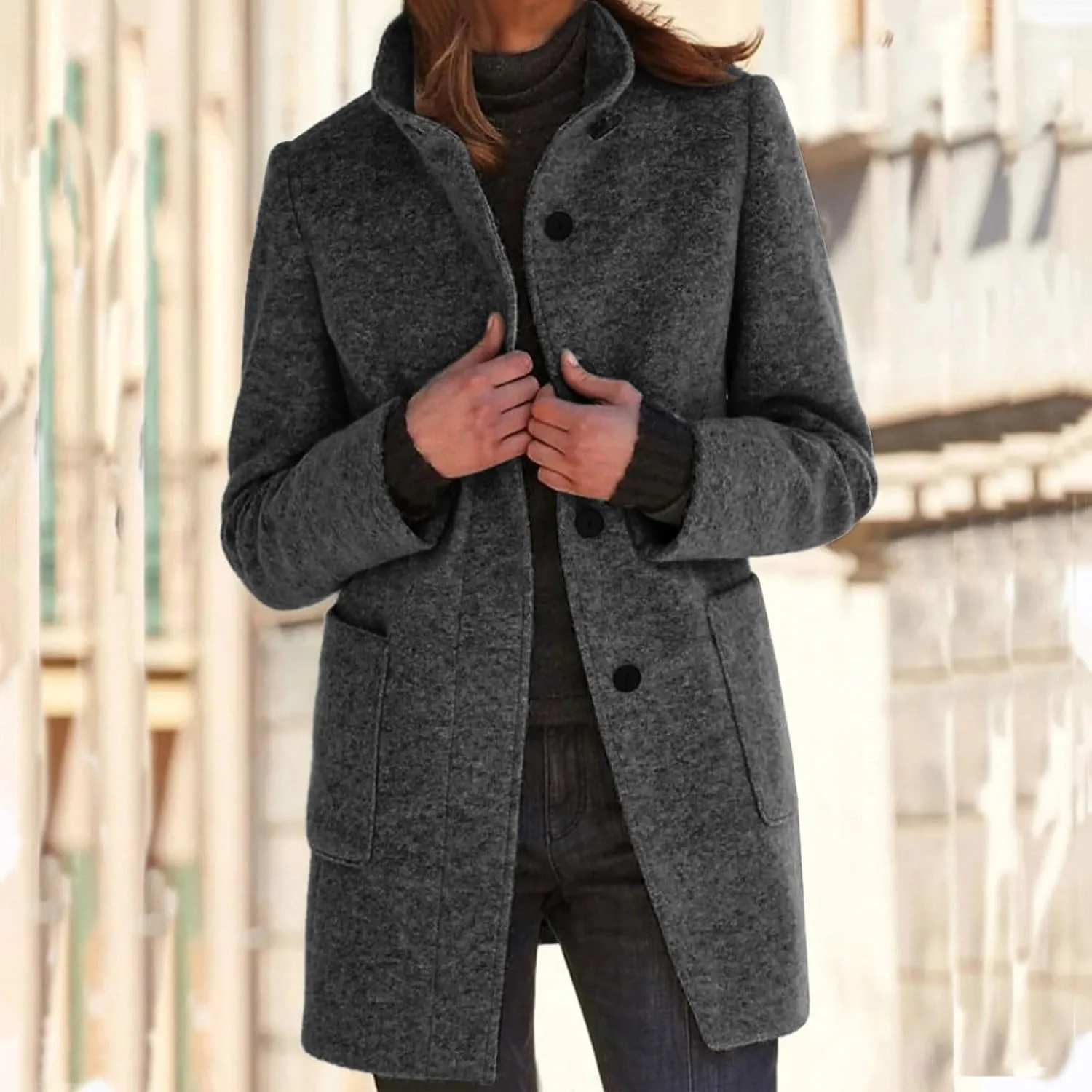 Womens Wool Blend Trench Coat Lightweight Button Down Open Front Pea Coat Cozy Warm Stand Collar Outerwear with Pocket