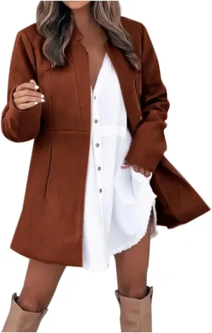 Womens Wool Coats Casual Open Front Notch Lapel Trench Coat Elegant Mid-Long Warm Winter Pea Coats Overcoat