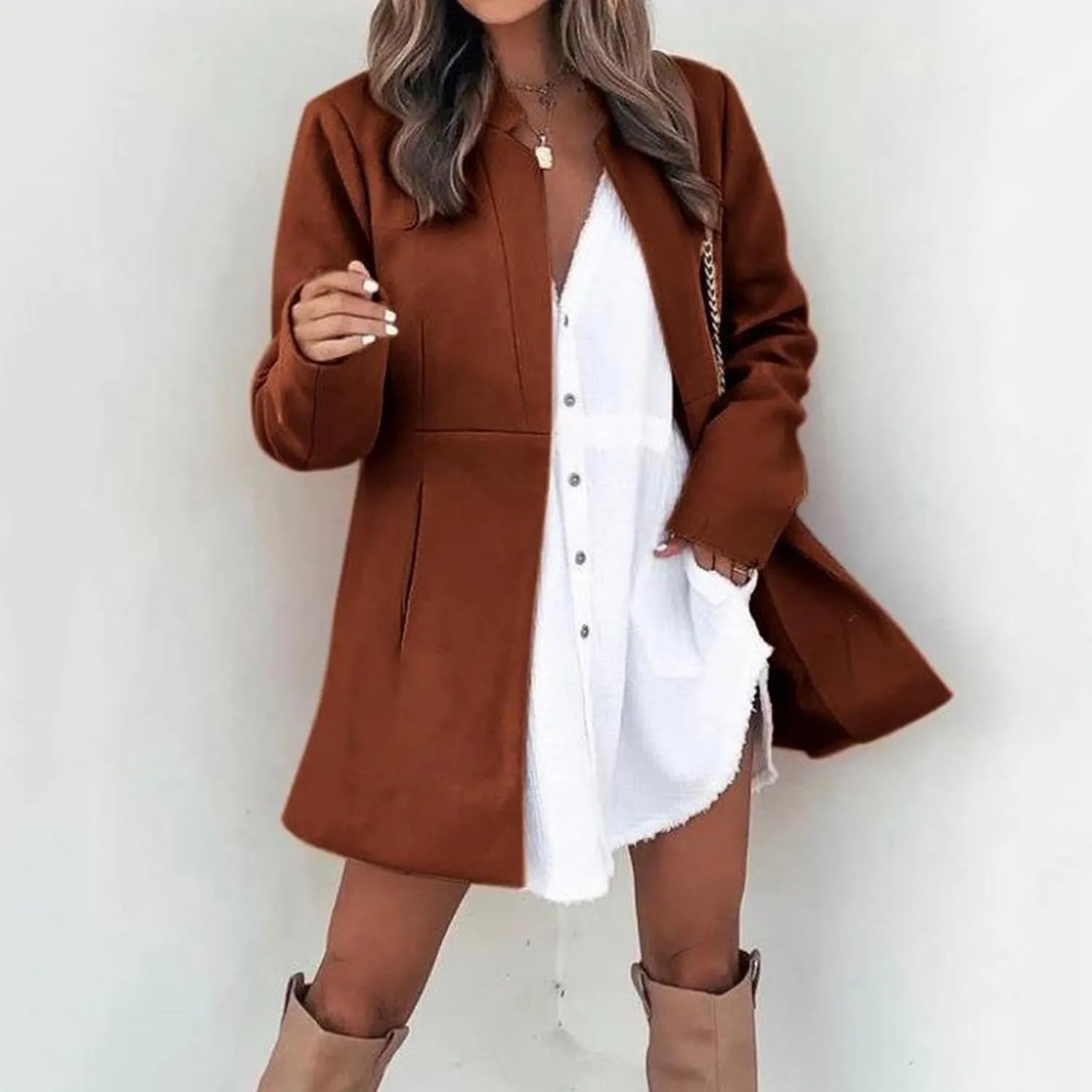 Womens Wool Coats Casual Open Front Notch Lapel Trench Coat Elegant Mid-Long Warm Winter Pea Coats Overcoat