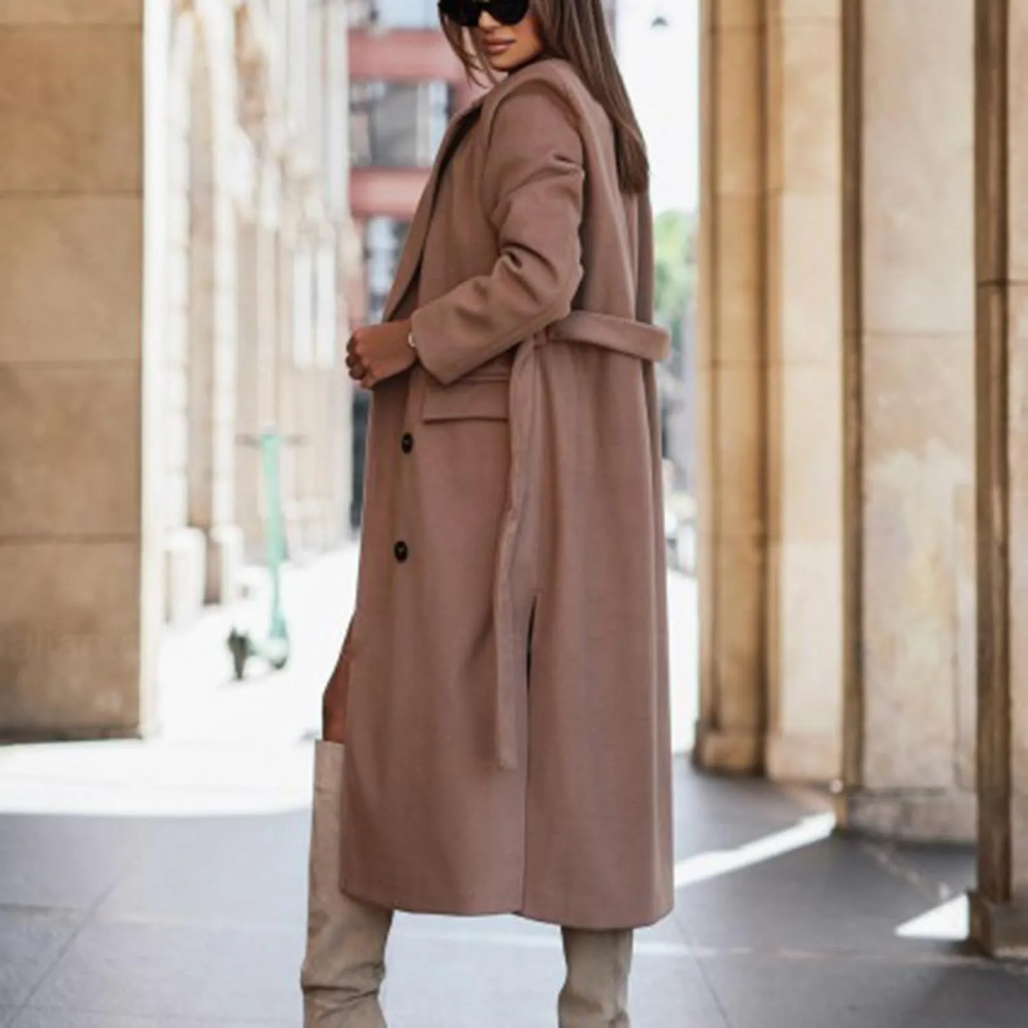 Womens Wool Coats Winter Casual Notched Lapel Collar Trench Coat Mid-Long Length Elegant Pea Coat Overcoat Jacket