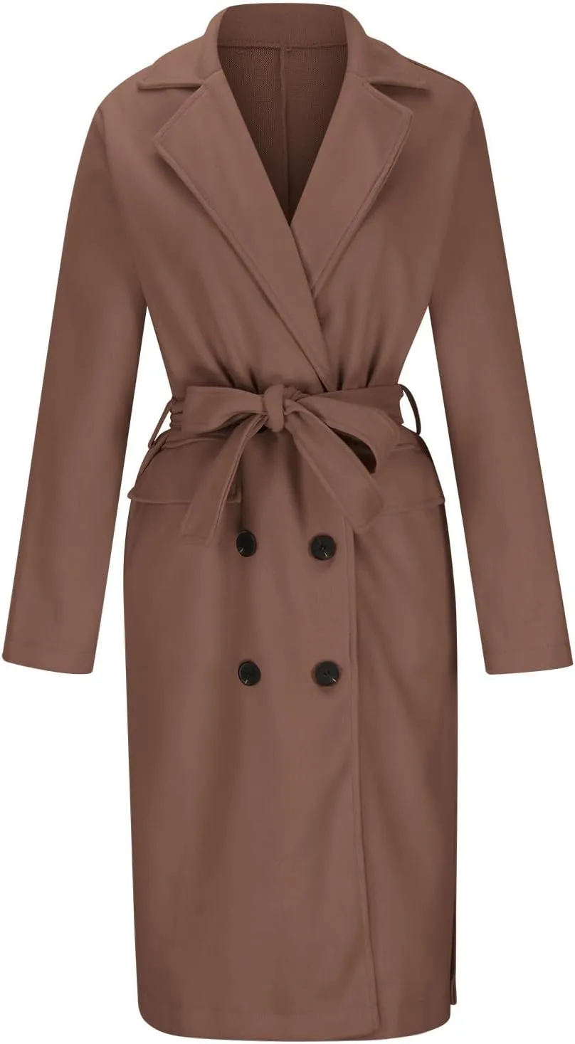 Womens Wool Coats Winter Casual Notched Lapel Collar Trench Coat Mid-Long Length Elegant Pea Coat Overcoat Jacket