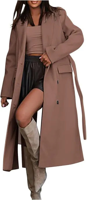 Womens Wool Coats Winter Casual Notched Lapel Collar Trench Coat Mid-Long Length Elegant Pea Coat Overcoat Jacket