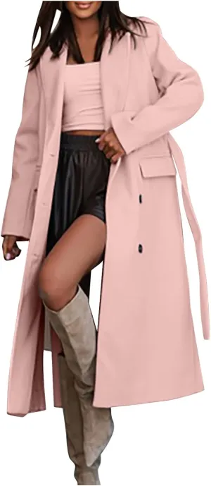 Womens Wool Coats Winter Casual Notched Lapel Collar Trench Coat Mid-Long Length Elegant Pea Coat Overcoat Jacket